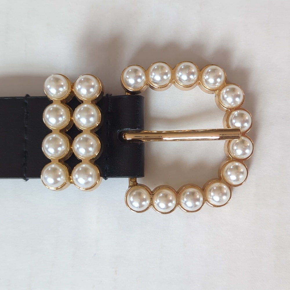 Faux Leather Belt with Elegant Pearl Gold Tone Buckle LARGE Black White Gold - Picture 5 of 16